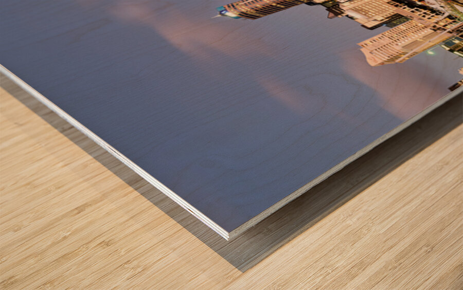 Auckland skyline with buildings and Sky Tower during evening Wood print