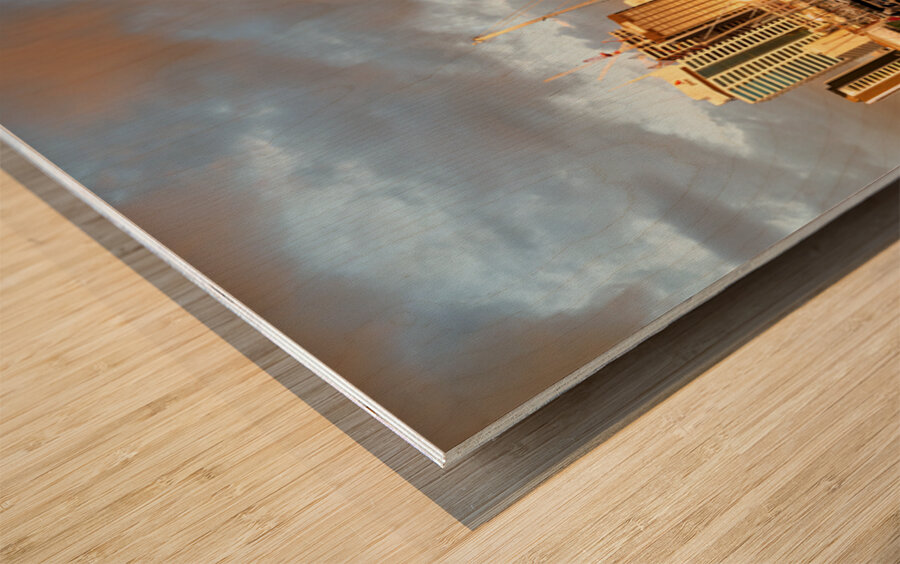 Auckland skyline at sunset from Viaduct Harbour Wood print