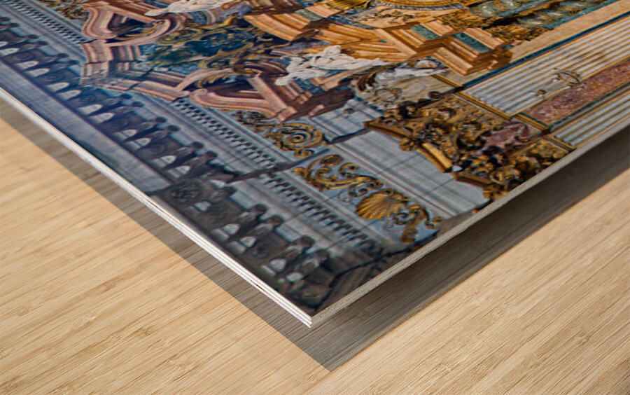 Visitors at the altar of Church of St. Ignatius of Loyola in Rom Wood print