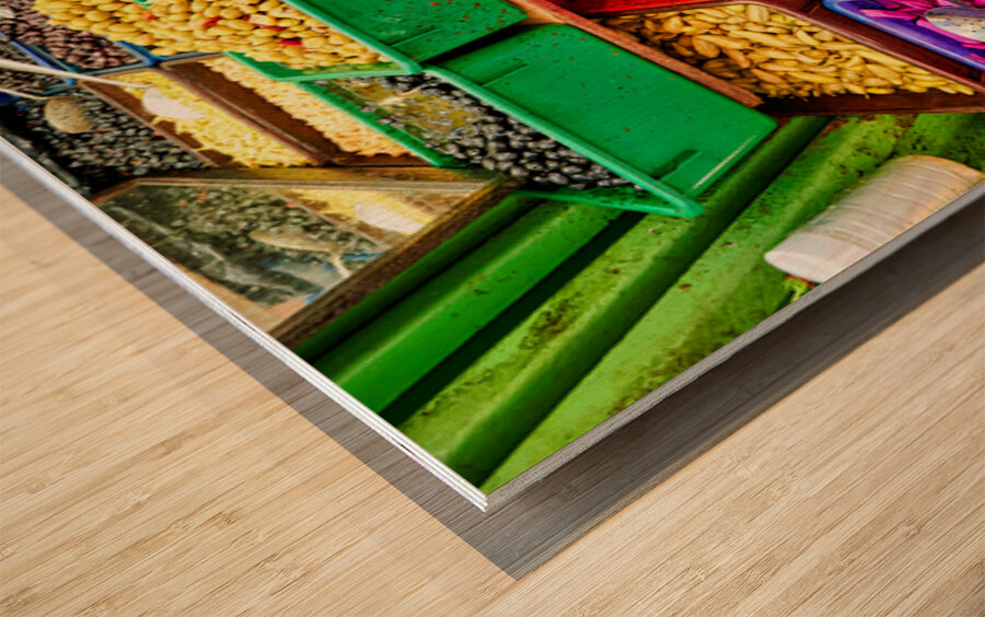 Pickles and olives for sale in market in old city of Jerusalem Wood print