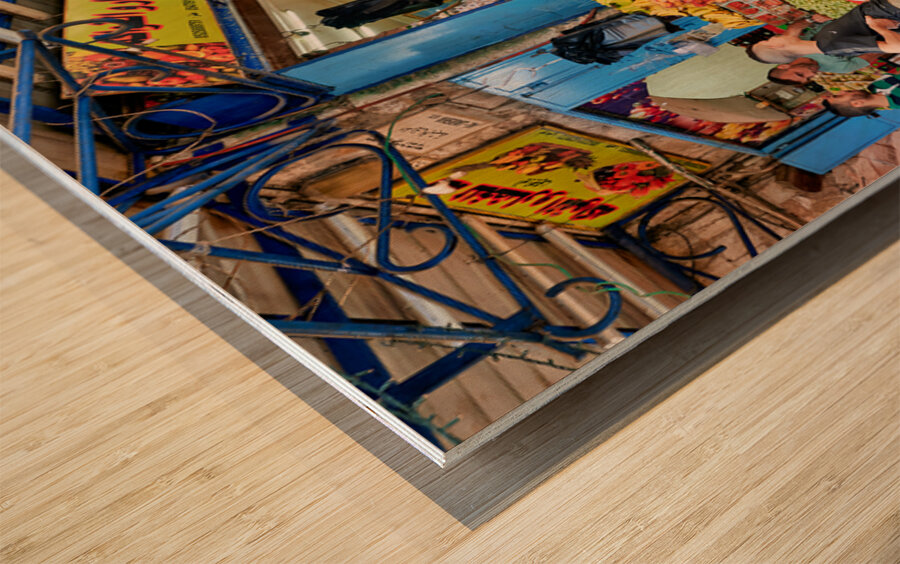 Greengrocer stall in the old city of Jerusalem busy with shopper Wood print