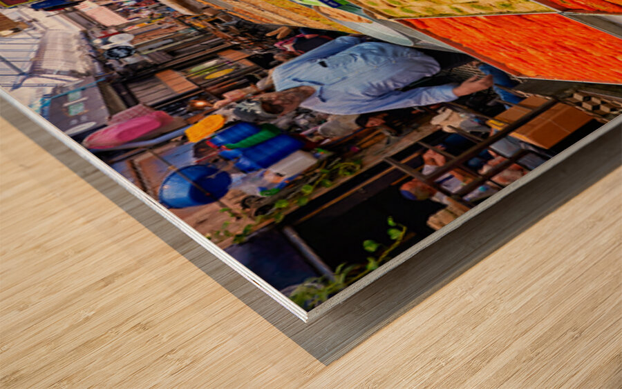 Visitors explore food stands at Mahane Yehuda Market in Jerusale Wood print