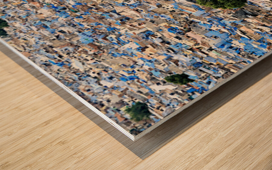 Cityscape view of blue houses in Jodhpur Rajasthan in India Wood print