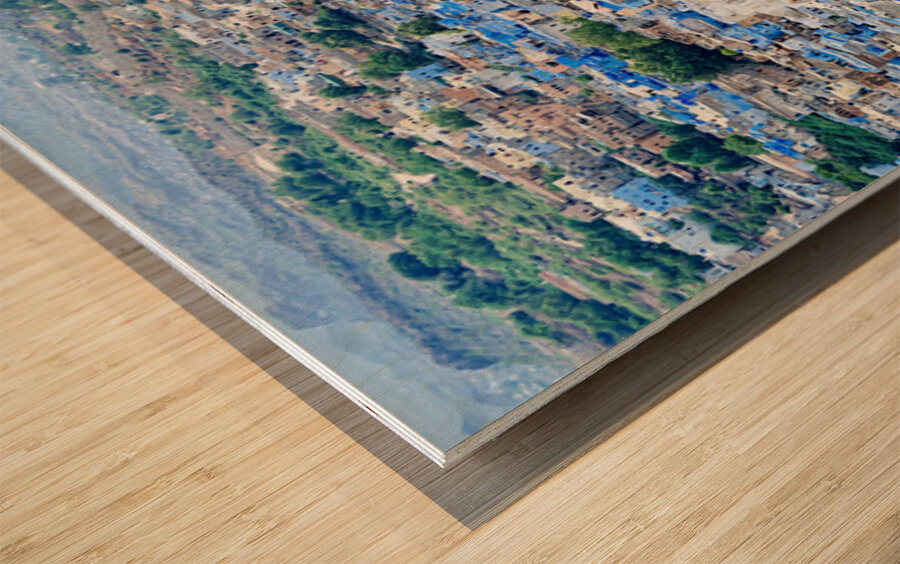 Cityscape view of blue buildings in Jodhpur Rajasthan Wood print