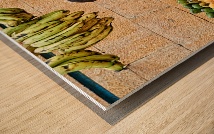 Fruits and vegetables stall in Jaisalmer with vendor at work Wood print