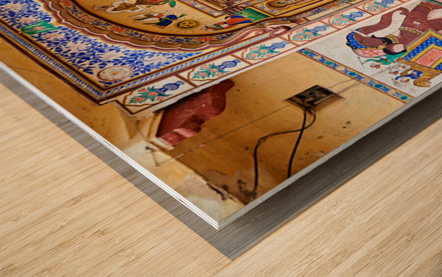 Bundi Rajasthan house with painted walls and a woman sweeping Wood print