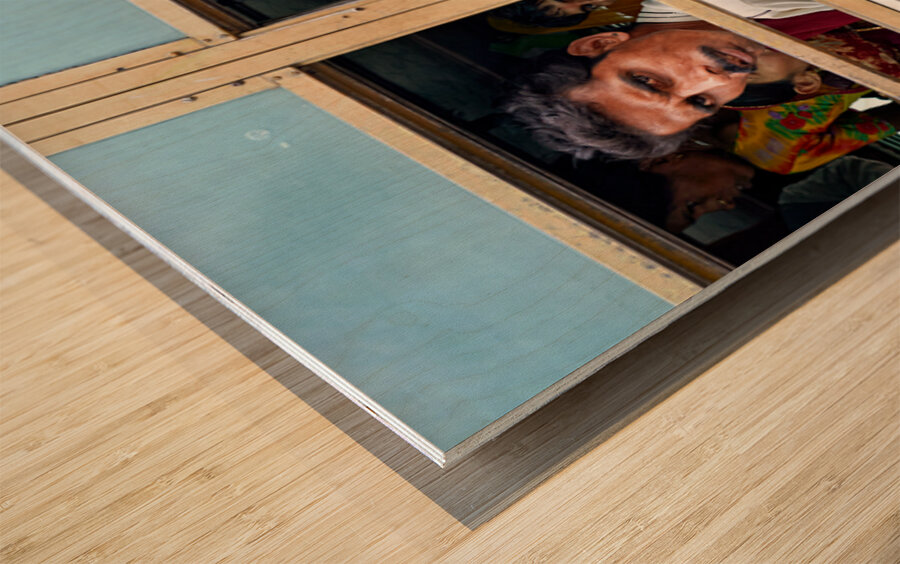 Passengers travel on bus in Udaipur Rajasthan India Wood print