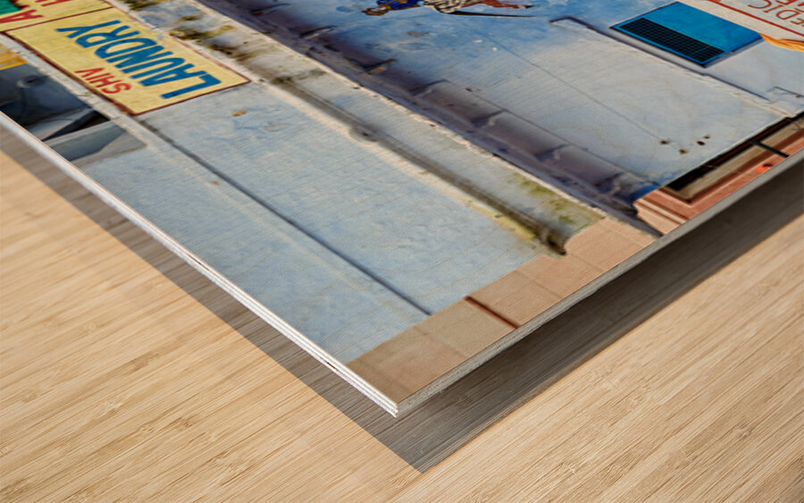 Bundi house showcasing local businesses and laundry Wood print