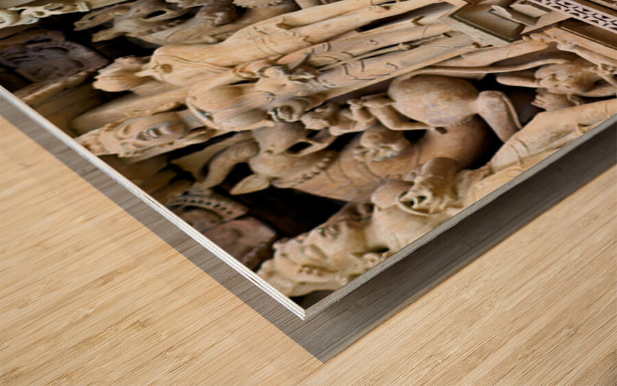 Hindu temples of Khajuraho in Madhya Pradesh show intricate carv Wood print