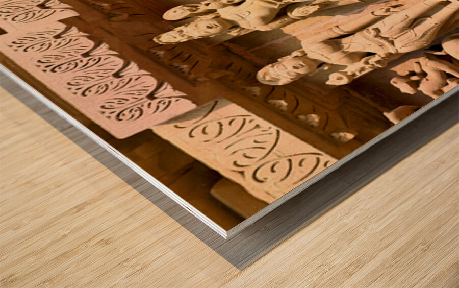 Exploring temple carvings of Khajuraho in Madhya Pradesh India Wood print