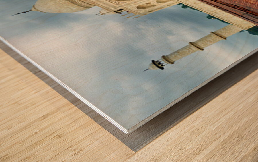 Taj Mahal in Agra during cloudy weather with empty courtyard Wood print