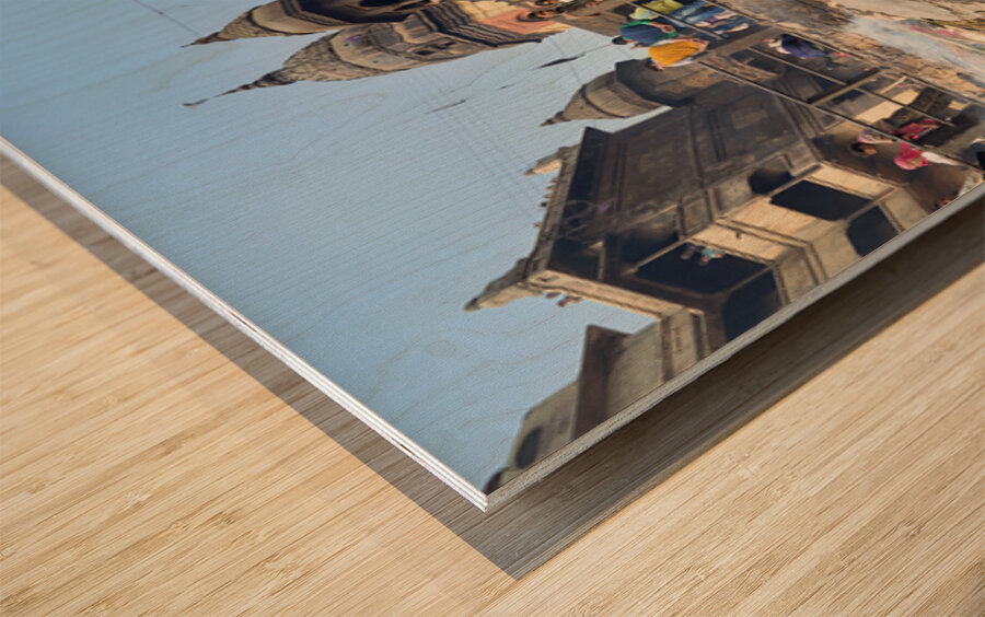 Cremation rites along the river Ganges in Varanasi India Wood print