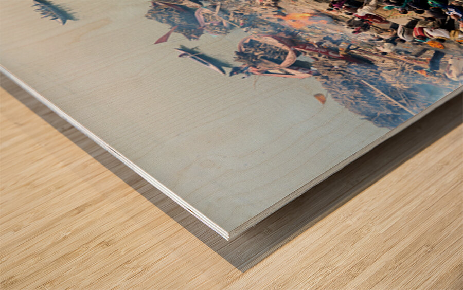 Cremation rites by the river Ganges in Varanasi India Wood print