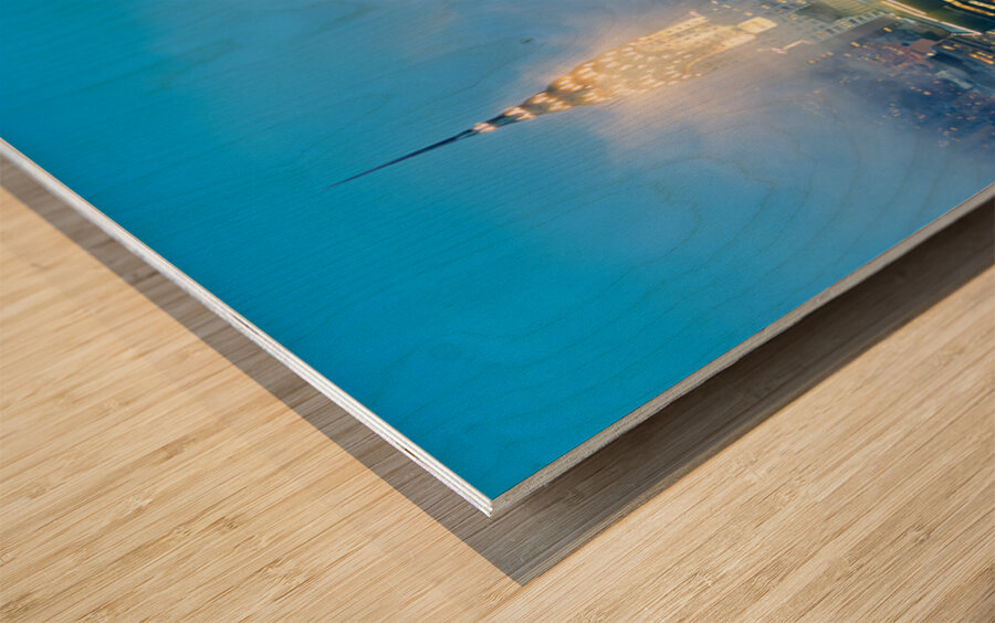 Aerial view of Manhattan skyline at dusk with Chrysler Building Wood print