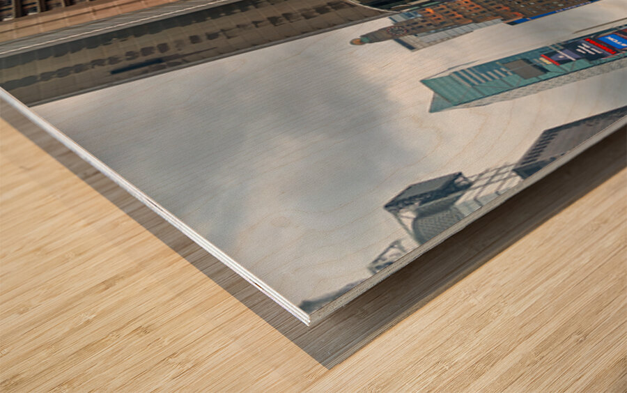 Crowd gathers in Times Square with bright ads in New York City Wood print