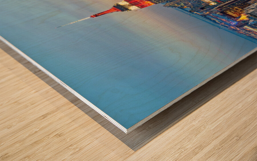 Manhattan aerial view showing Empire State Building at sunset Wood print