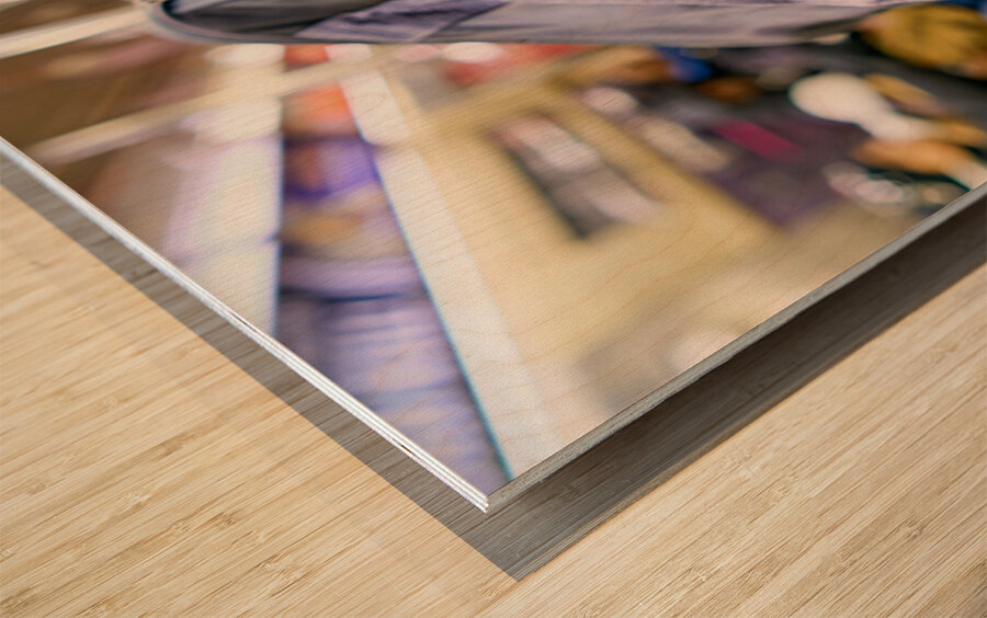 Dog riding in bag on subway in Manhattan New York City Wood print