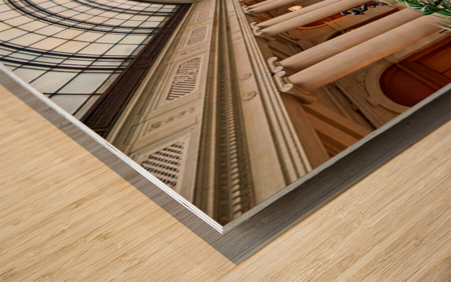 People walk around the courtyard at the Frick Collection in New  Wood print