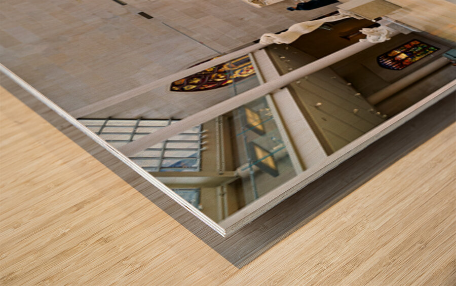 Visitors explore Engelhard Court at the Met in Manhattan Wood print