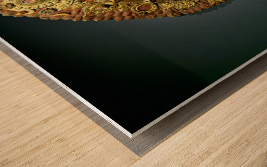 Golden face mask displayed at the Asian Art Gallery in Manhattan Wood print