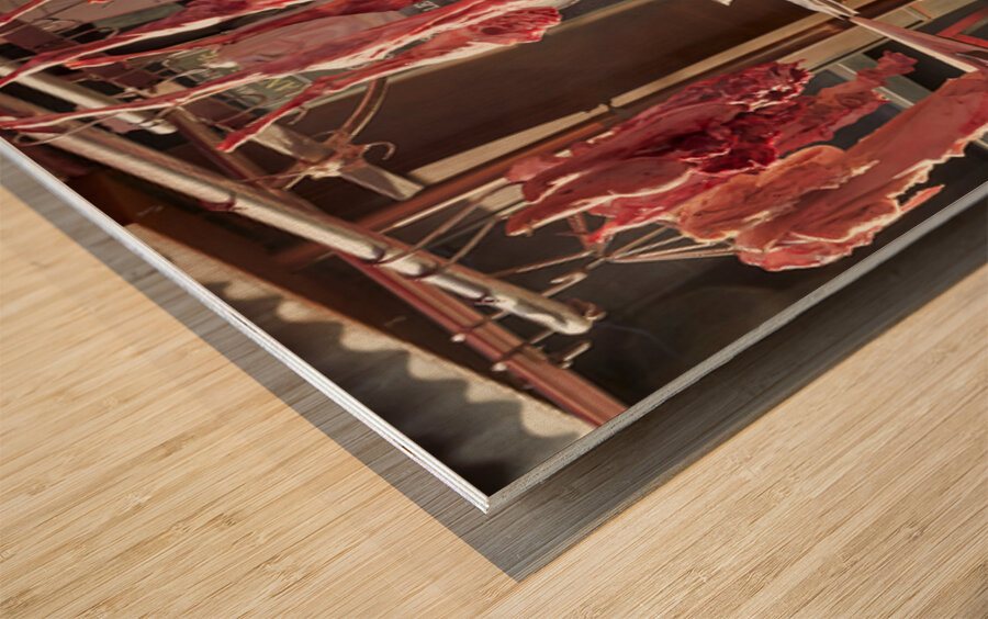 Market scene in Catania with fresh meat on display Wood print
