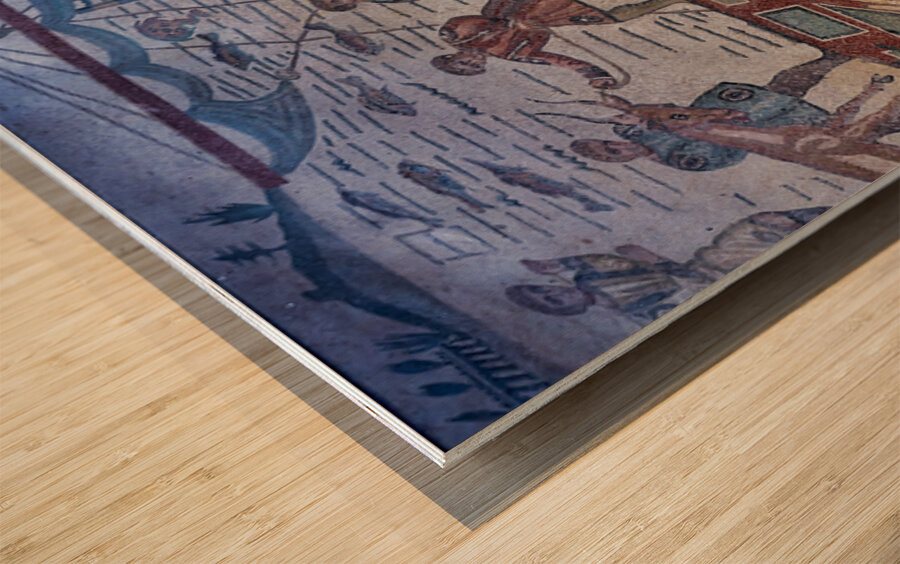 Mosaics show scenes of daily life at Villa Romana del Casale in  Wood print