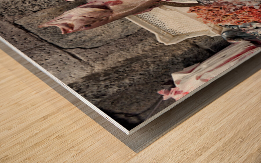 Fresh seafood display at Piscaria market in Catania Sicily Wood print