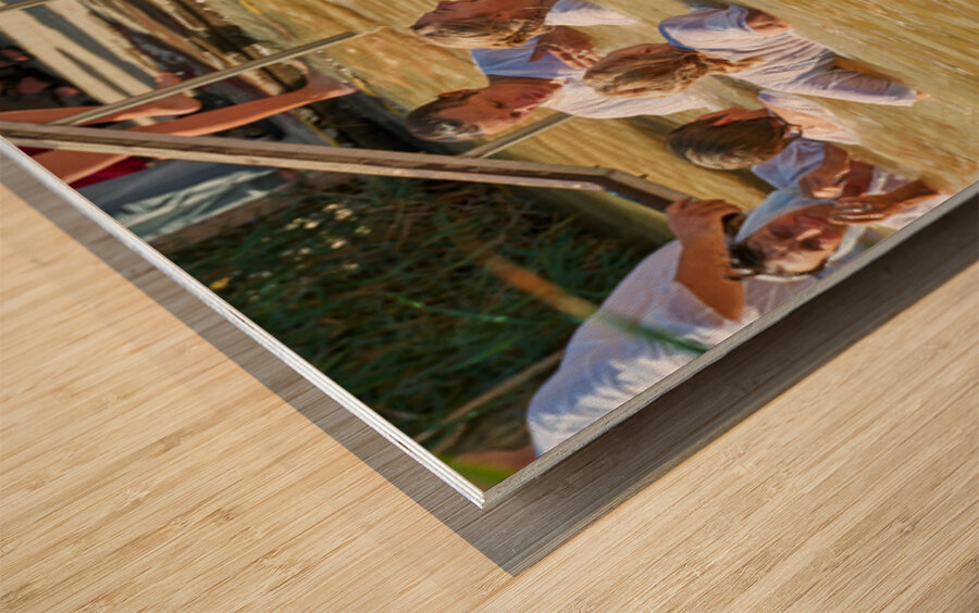 Visitors participate in baptism ceremony at Jordan River site Wood print