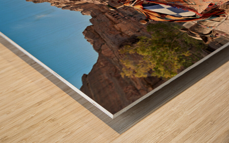 Tourists ride camels at Petra archaeological site in Jordan Wood print