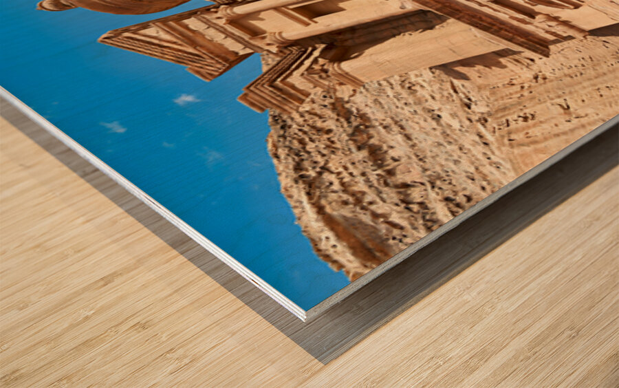 Visit to the Monastery at Petra in Jordan under clear blue sky Wood print