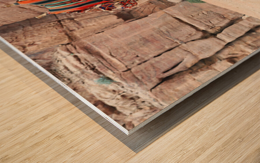 Camels wait for tourists at Petra archaeological site in Jordan Wood print