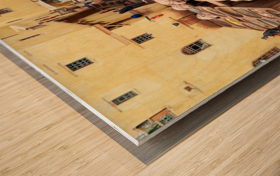 Chouara Tannery in Fez Morocco showing leather dyeing process Wood print