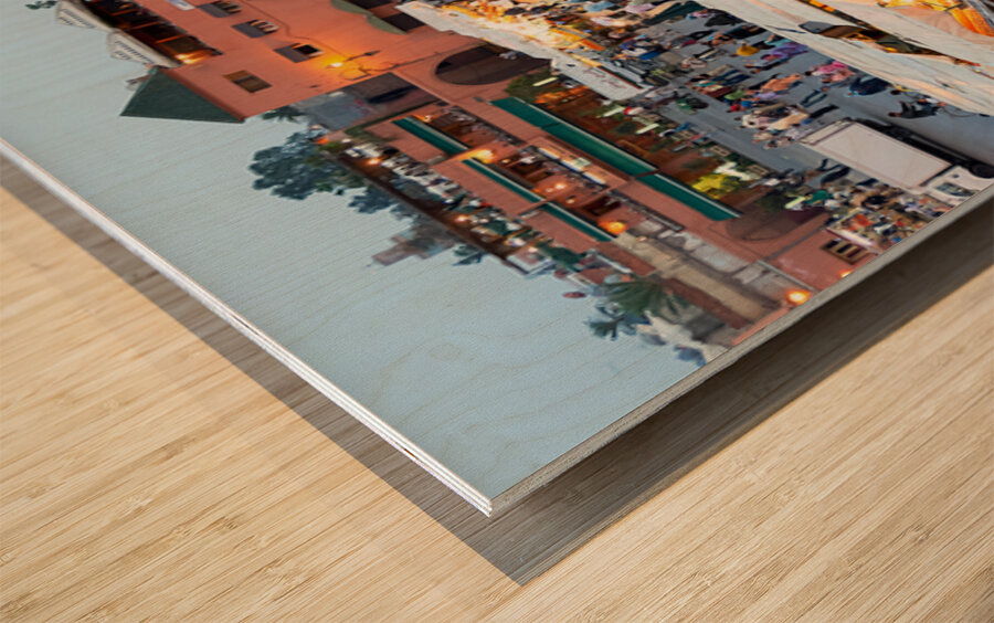 Sunset scene at Djema el Fna square in Marrakesh Morocco Wood print
