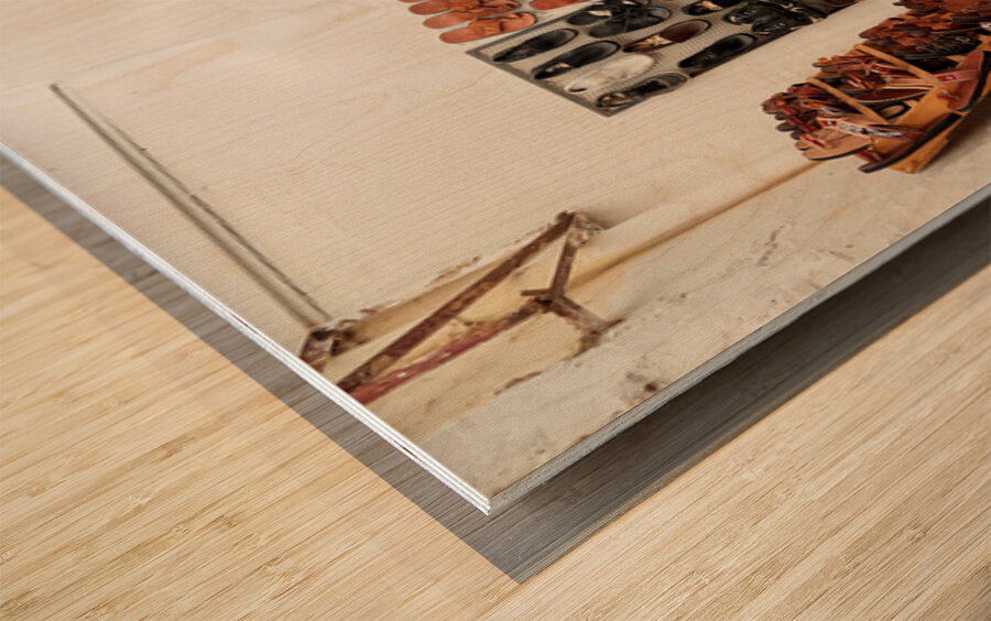 Moroccan slippers for sale in the Medina of Fez Wood print