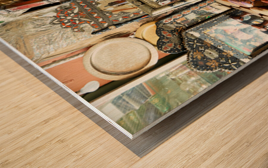 Exploring a souvenir shop in the old town of Marrakesh Morocco Wood print