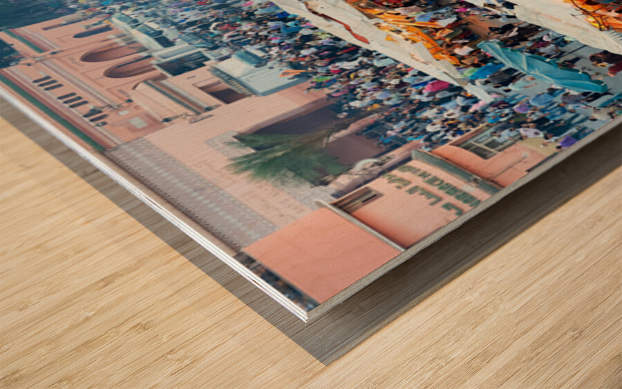 Sunset at Djema el Fna square in Marrakesh with lively crowds Wood print