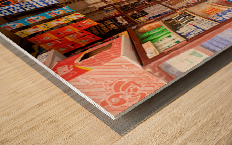 Grocer sleeping in shop in Marrakesh during afternoon hours Wood print