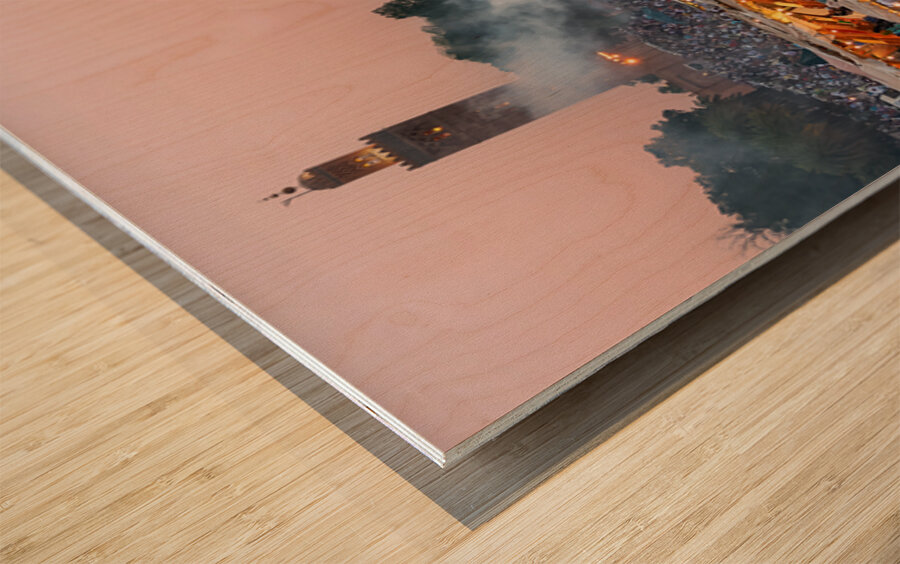 Sunset at Djema el Fna square in Marrakesh Morocco Wood print