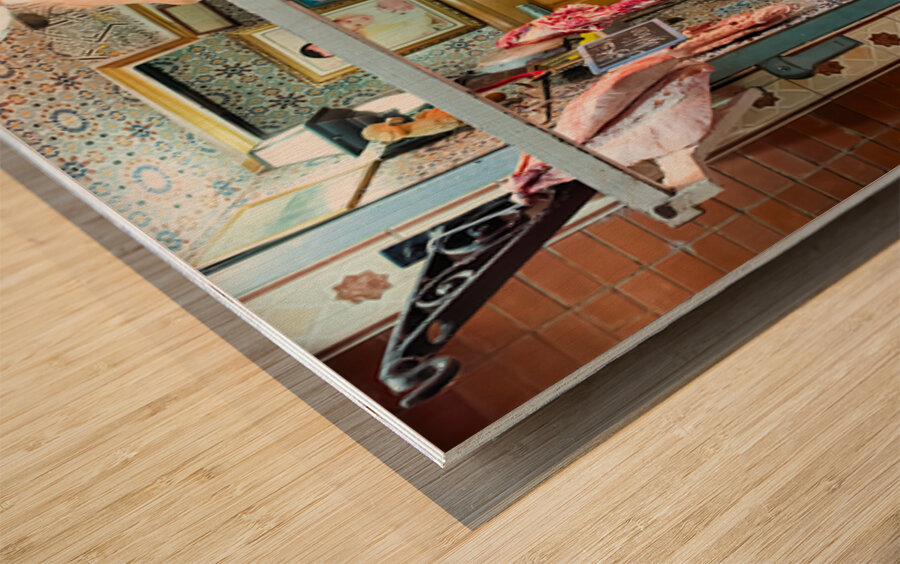 Butcher sells camel meat in the souk of Meknes Morocco Wood print