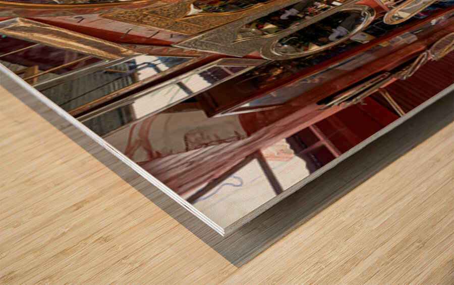 Life in the souk of Marrakesh showing local shops and items Wood print