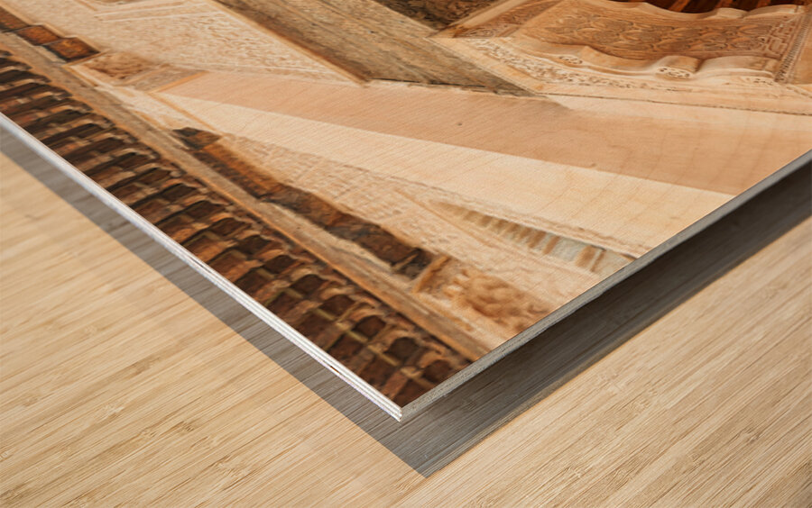 Child looks out from window of Madrasa Ben Youssef in Marrakesh Wood print
