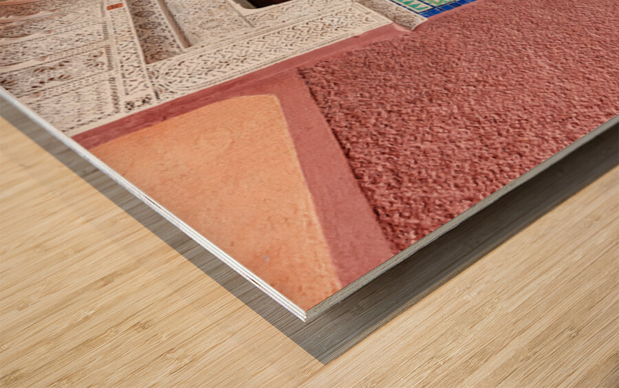 Narrow alleys in Marrakeshs Medina show traditional architectur Wood print