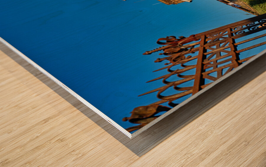 Visitors walk up the stairs to Basilica di San Miniato in Floren Wood print