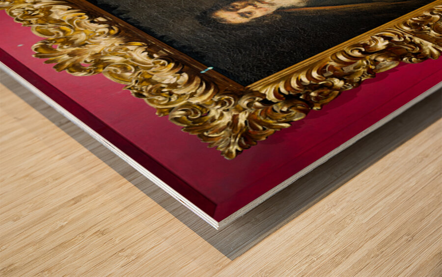 A rabbi sits calmly in a chair with hands together Wood print