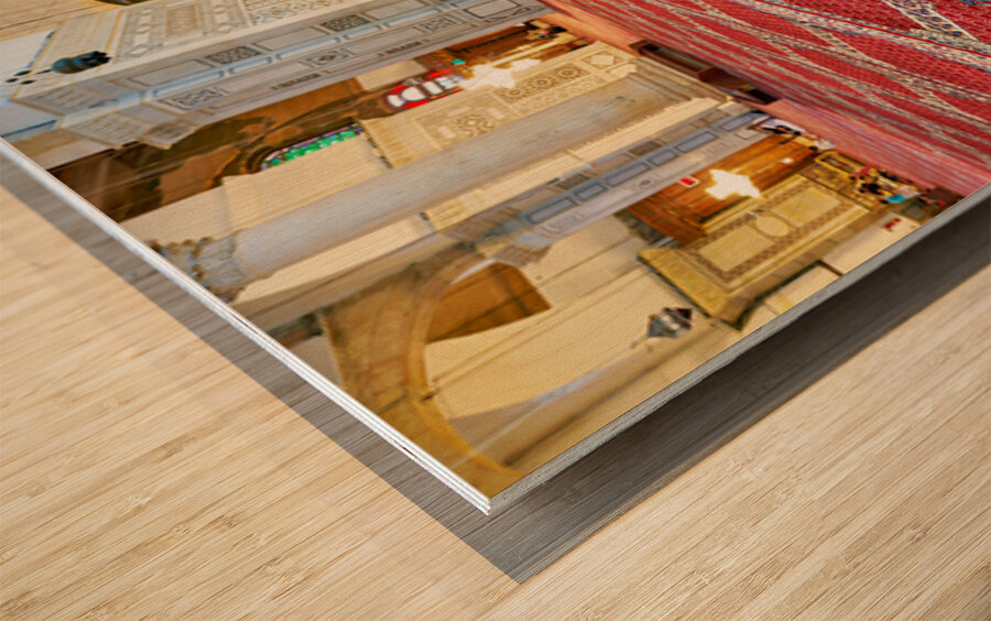 Visitor reading Quran in Umayyad Mosque in Damascus Wood print
