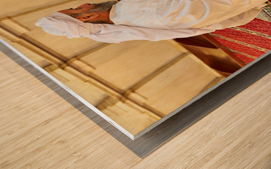 Elderly man reading Quran inside Umayyad Mosque in Damascus Syri Wood print