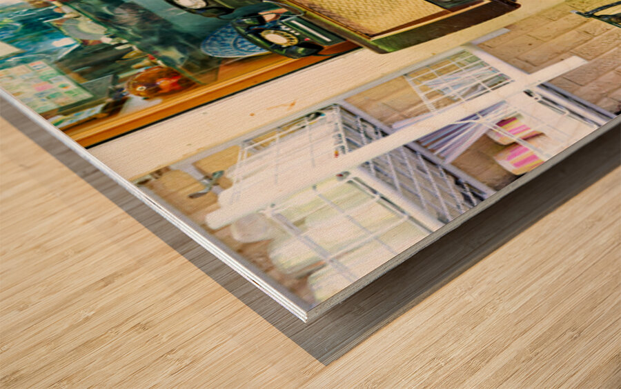 Second hand shop displays vintage items in Damascus Syria Wood print