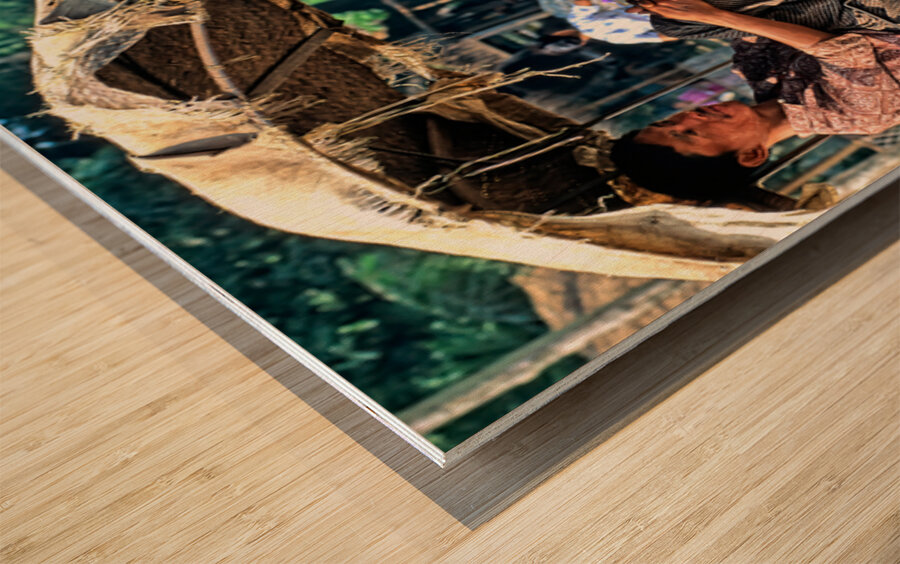 Man rests on cart in Myanmar during warm daytime Wood print