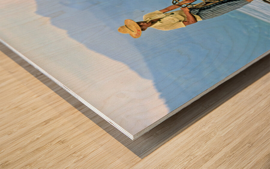 Traditional fishing on Inle Lake in Myanmar by local fisherman Wood print