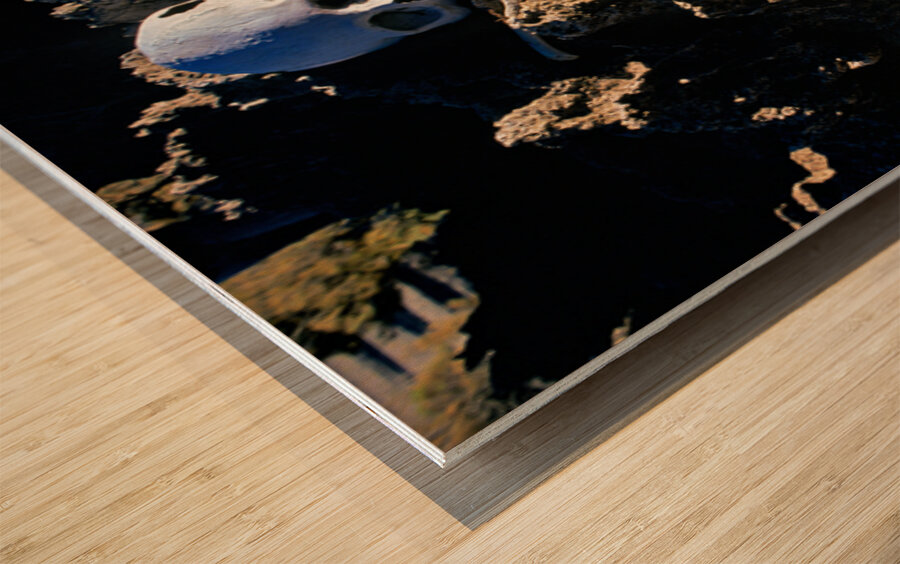 Human skeleton partially buried in rocky terrain. Wood print